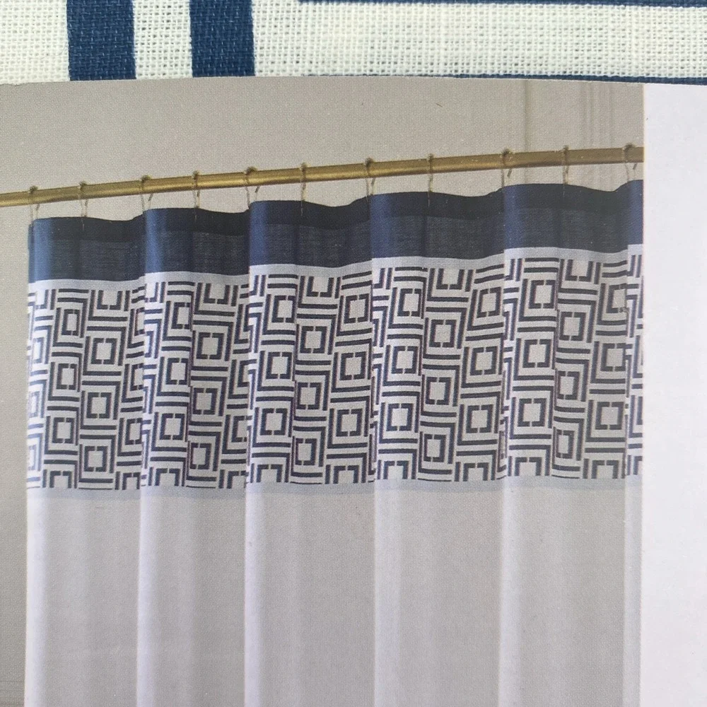 Liz Claiborne Shower Curtain White Navy Blue Logo Stripe Geometric 100% Cotton
